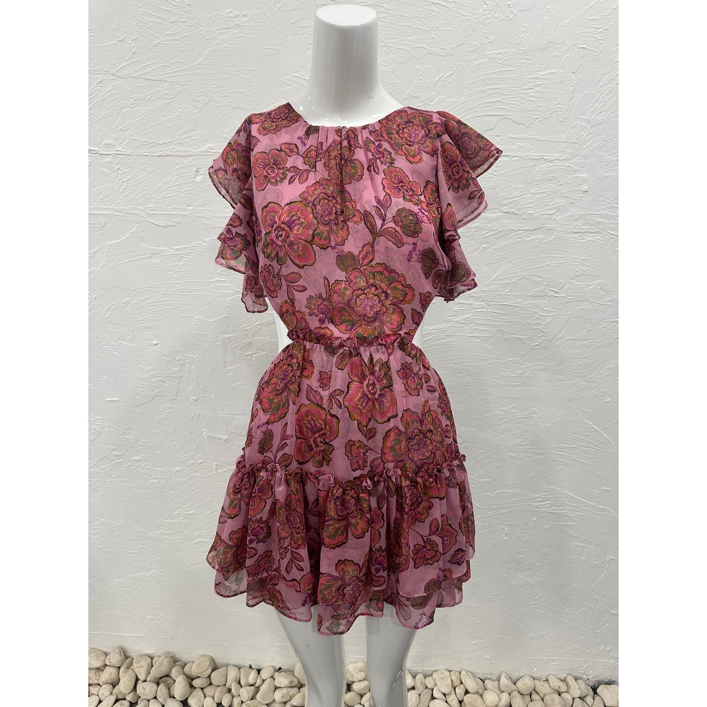 Misa Los Angeles Chiffon Floral Ruffle Pleated Shahdi Mini Dress Pink Size S