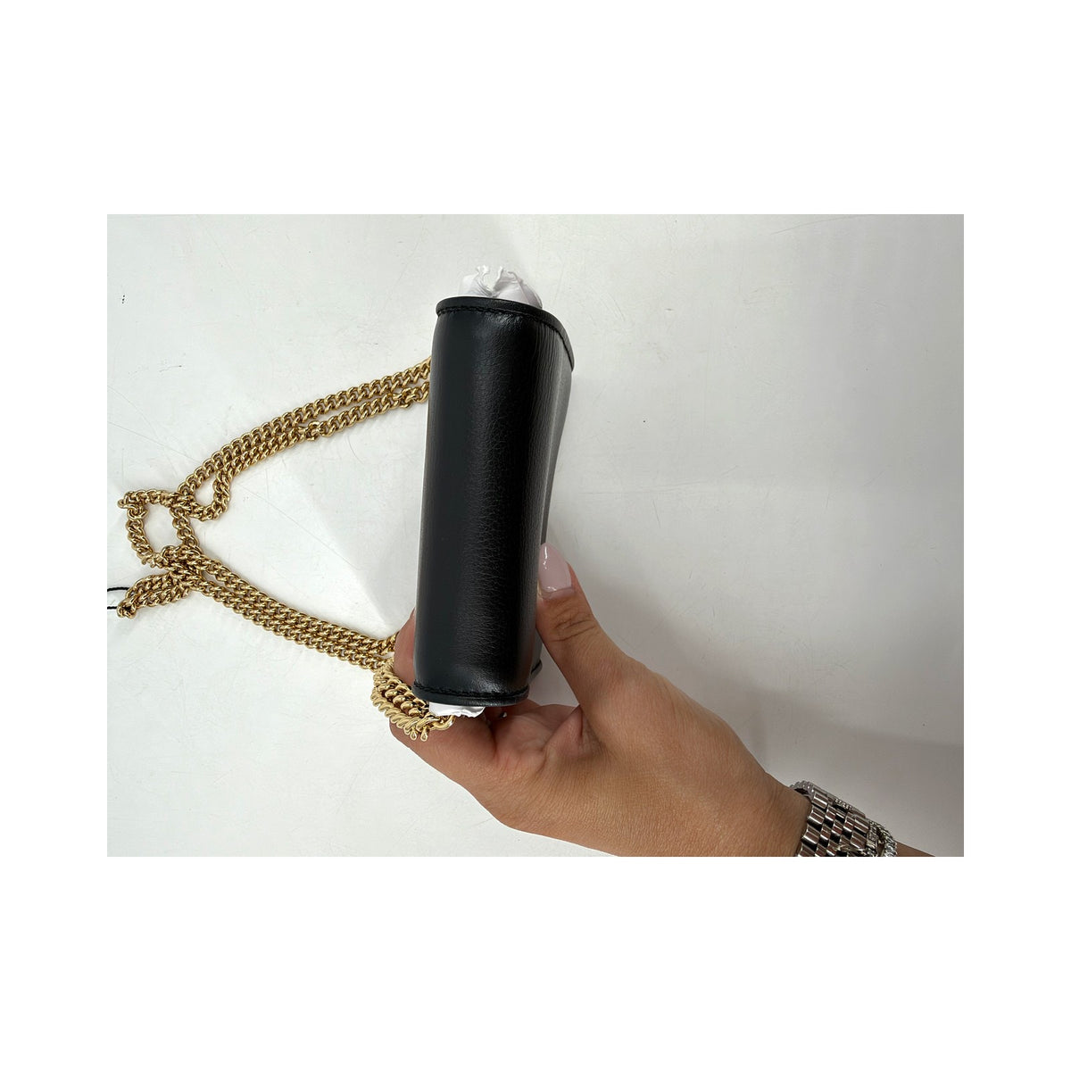 Gucci Blondie Black Leather Chain Wallet Crossbody Gold G New Box Dust Bag