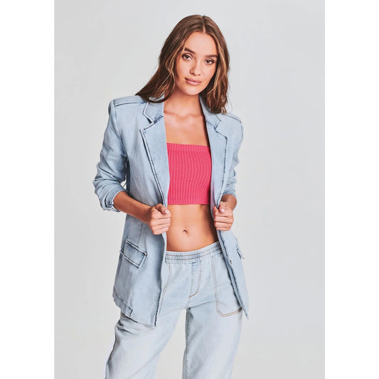 SEROYA Cotton Blend Beckett Notched Lapel Denim Blazer