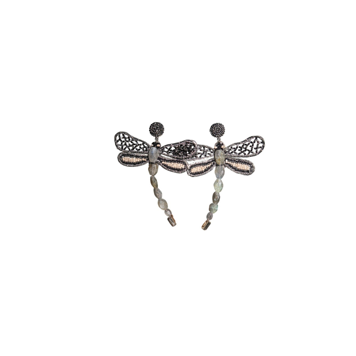 Deepa Gurnani Dragonflies Earrings Hand Embroidered Beaded Silver Gunmetal