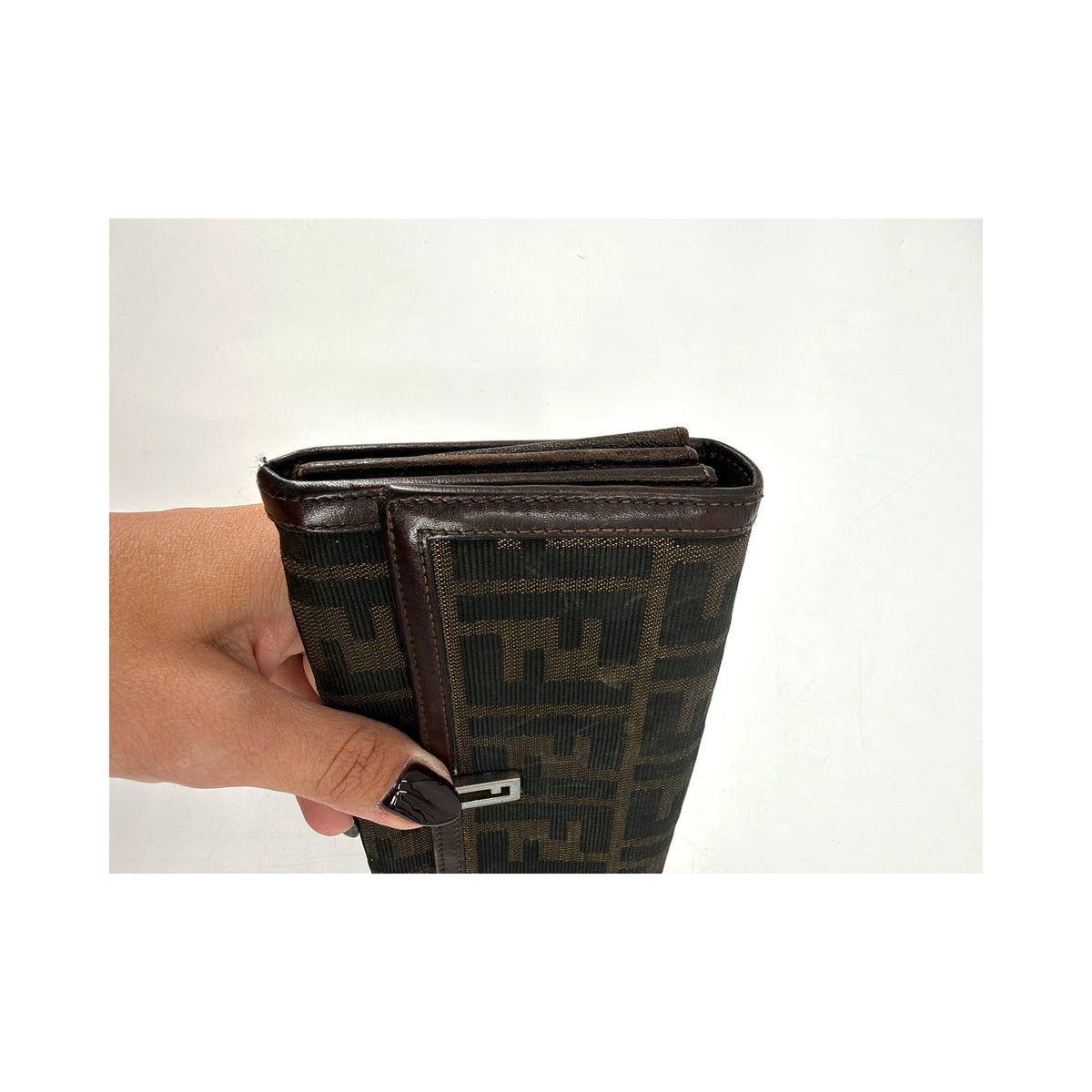 Fendi Zucca FF Canvas Long Flap Wallet Brown Silver Hardware