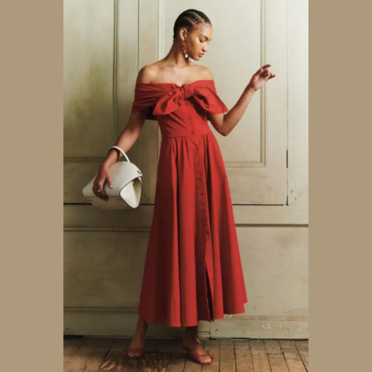 Oscar De La Renta Cotton-Blend Big Bow Runaway Off-Shoulder Midi Dress