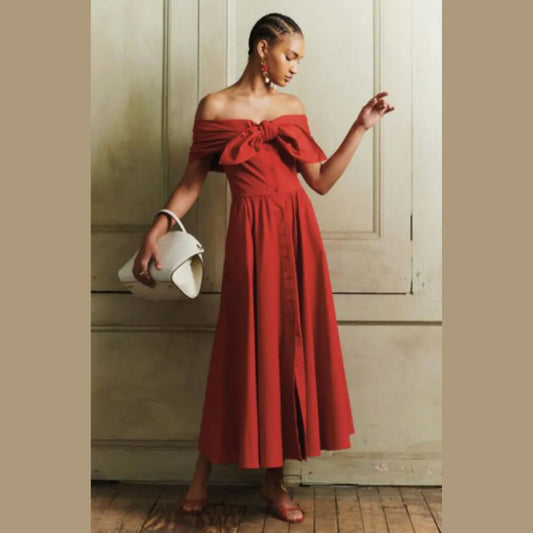 Oscar De La Renta Cotton-Blend Big Bow Runaway Off-Shoulder Midi Dress