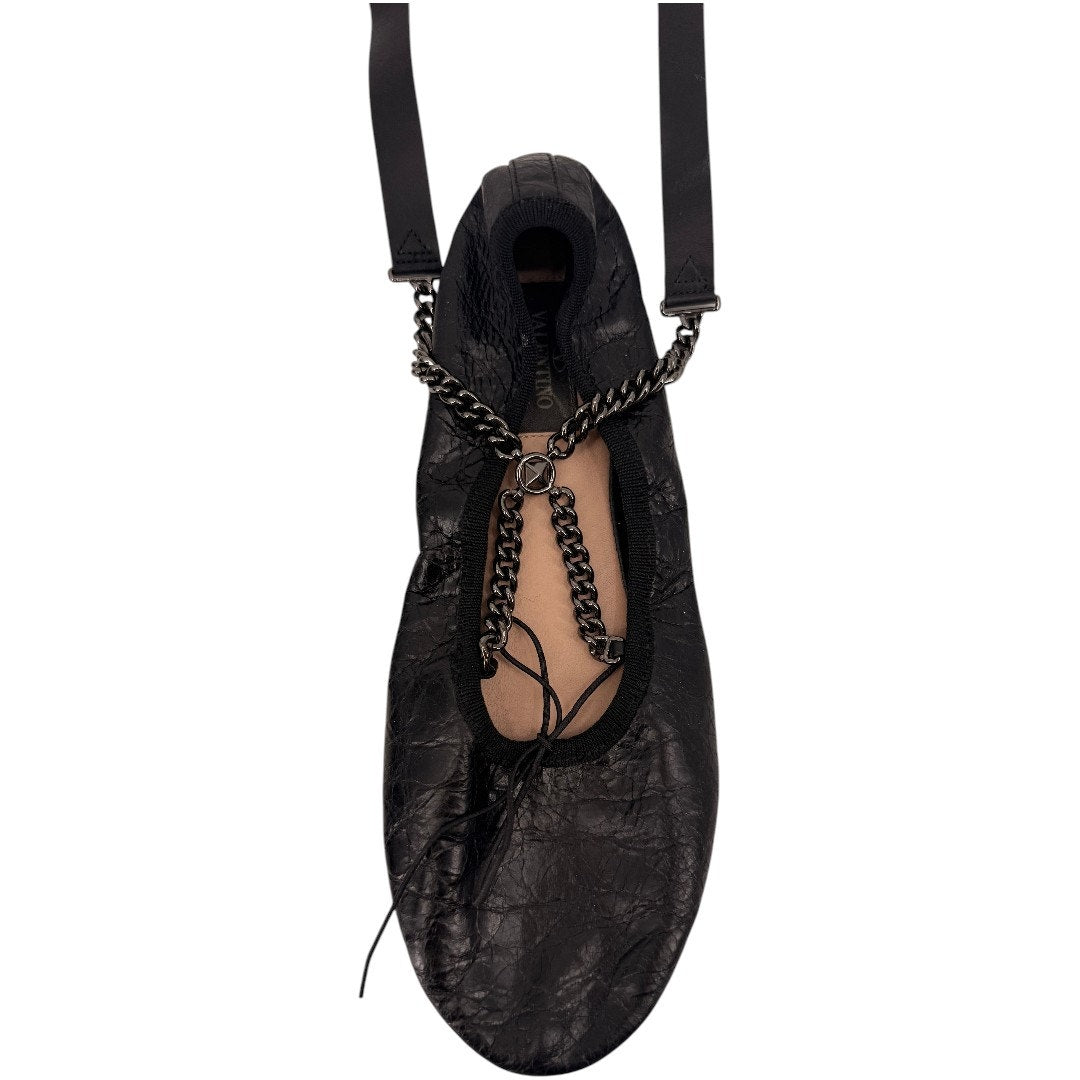 Valentino Garavani Black Chain Wrap Leather Ballet Flats