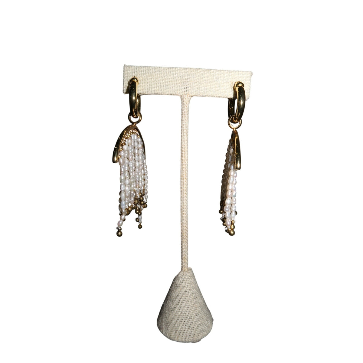 18K Gold Tone Filled White Pearl Fringe Hoop Earrings Handmade