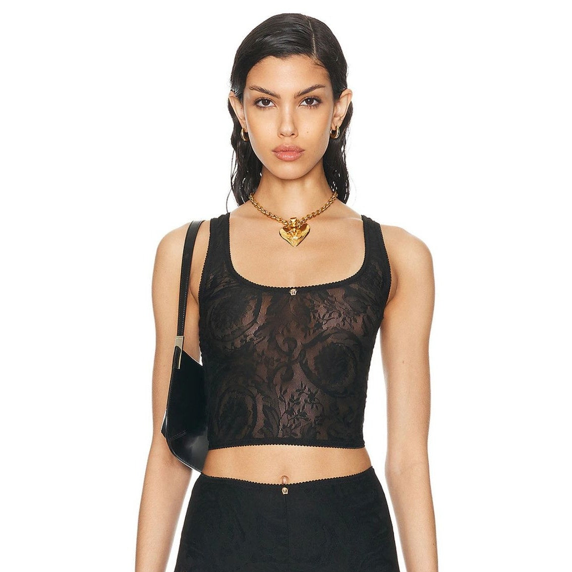 Versace Black Baroque Jacquard Tulle Sheer Cropped Tank Top