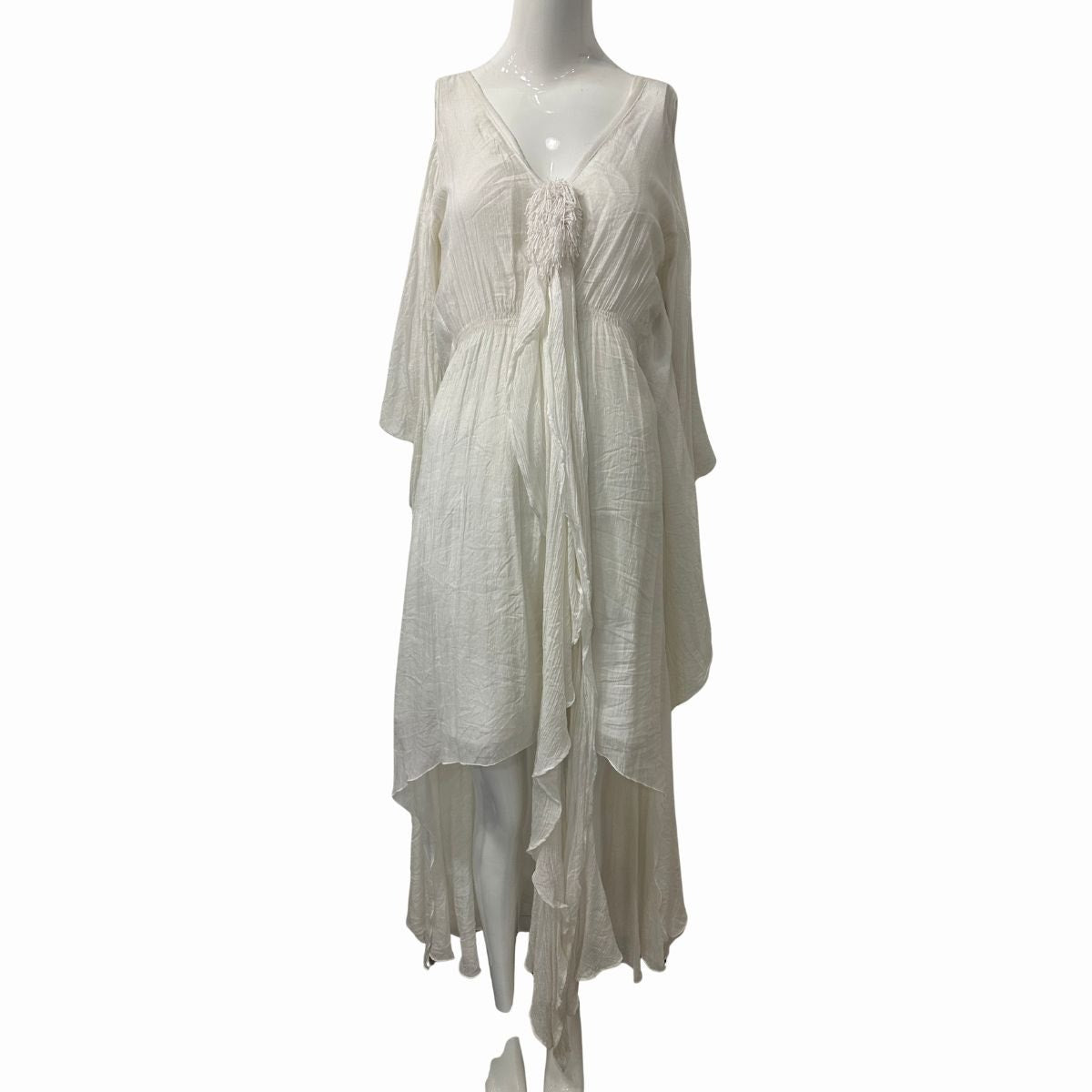 Elsa Cohen Gauze Fringe Tassel Cold Shoulder Caftan Maxi Dress White One Size