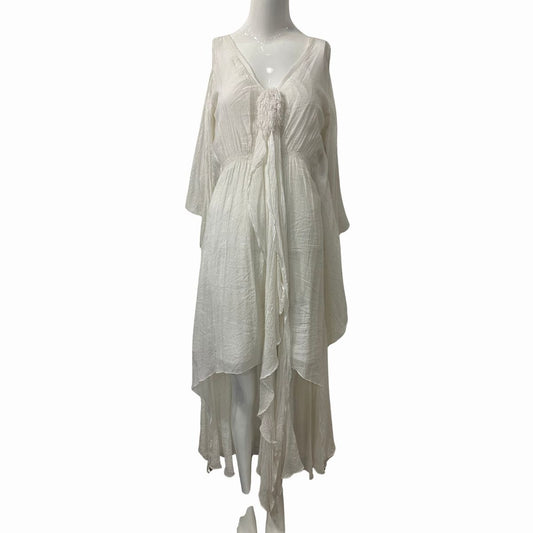 Elsa Cohen Gauze Fringe Tassel Cold Shoulder Caftan Maxi Dress White One Size