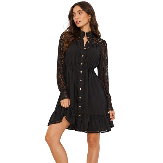 *NO BRAND TAG* Floral Lace Button Front Mini Dress Black Long Sleeve Women's M