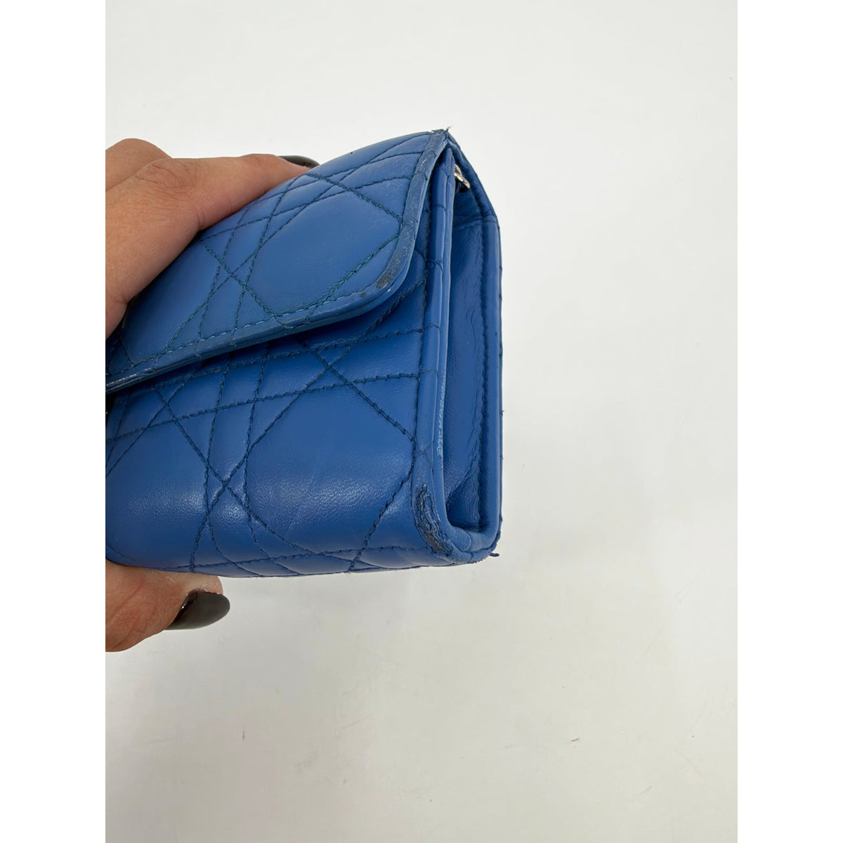 Christian Dior Cannage Quilted Blue Leather Long Flap Wallet