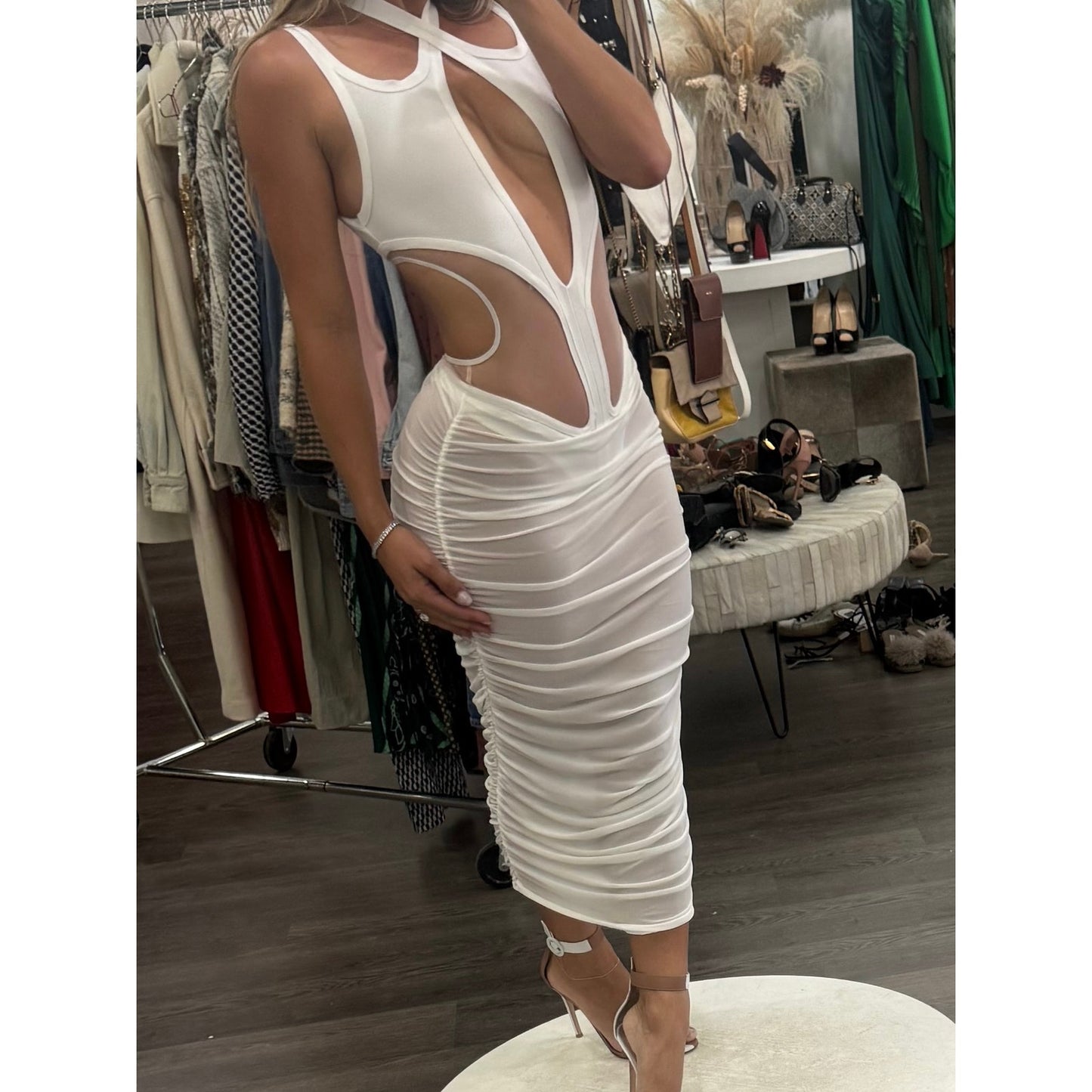 Sexy Alluring Ruched Mesh Cutout Bandage Midi Dress