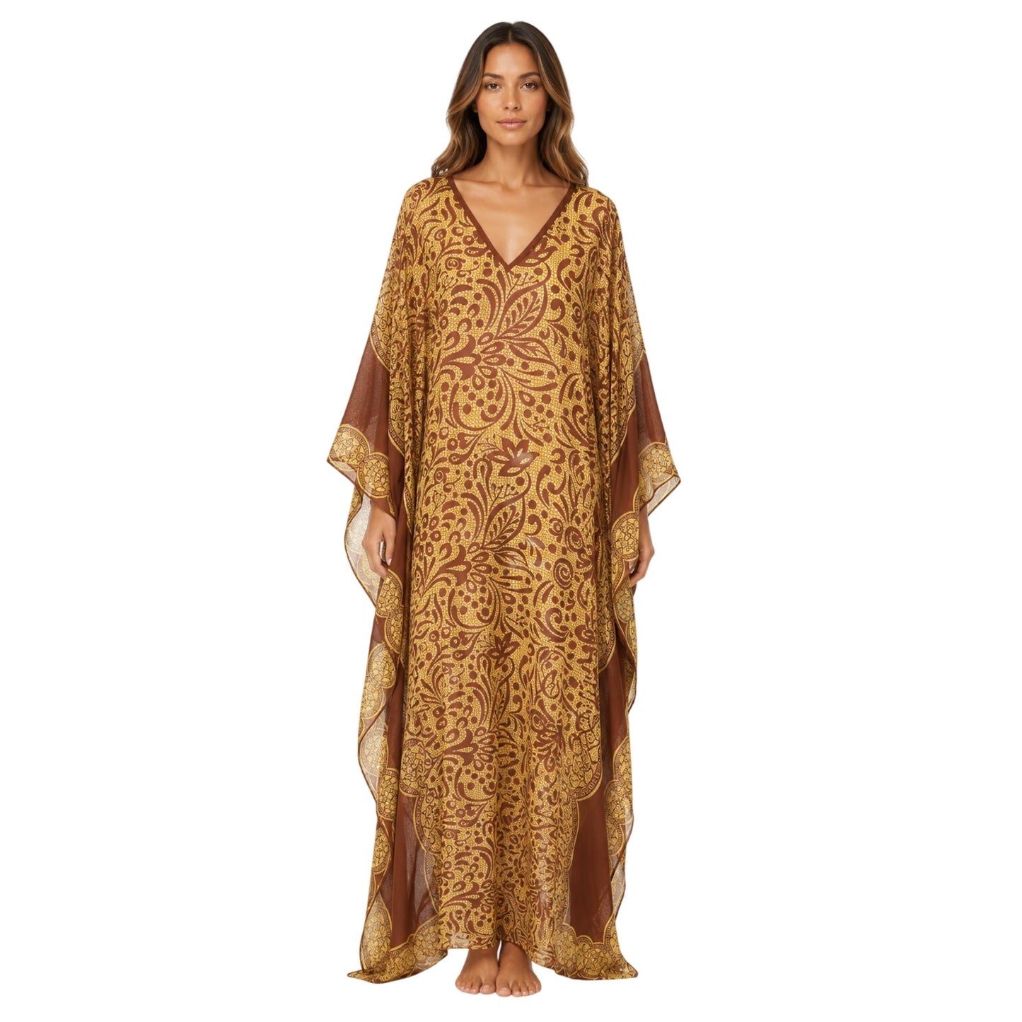 Elsa Cohen Printed Batwing Sleeves Caftan Maxi Dress