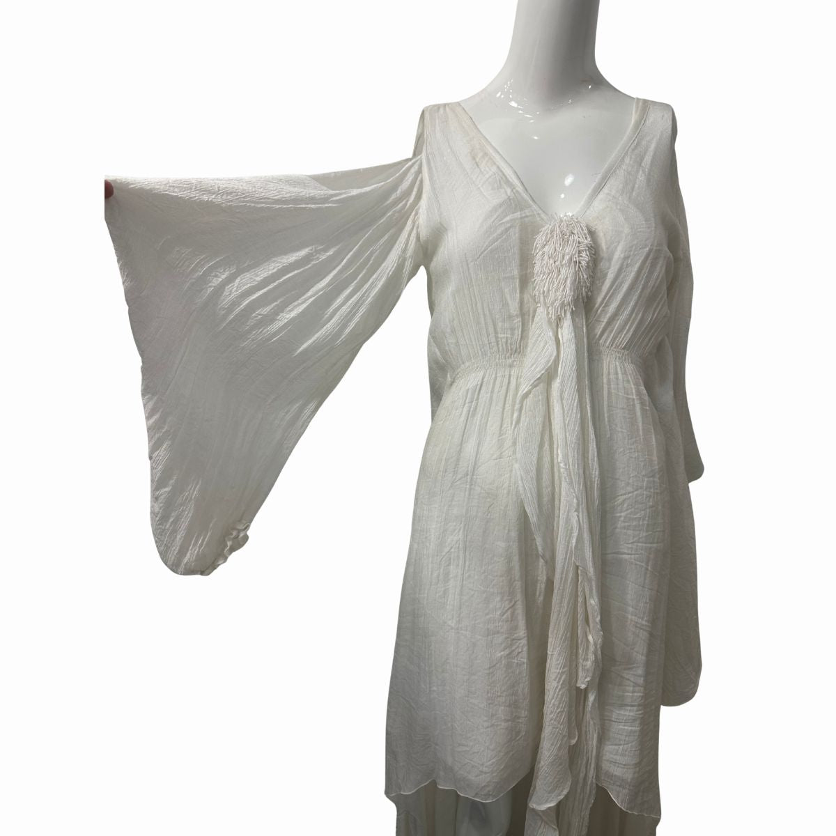 Elsa Cohen Gauze Fringe Tassel Cold Shoulder Caftan Maxi Dress White One Size