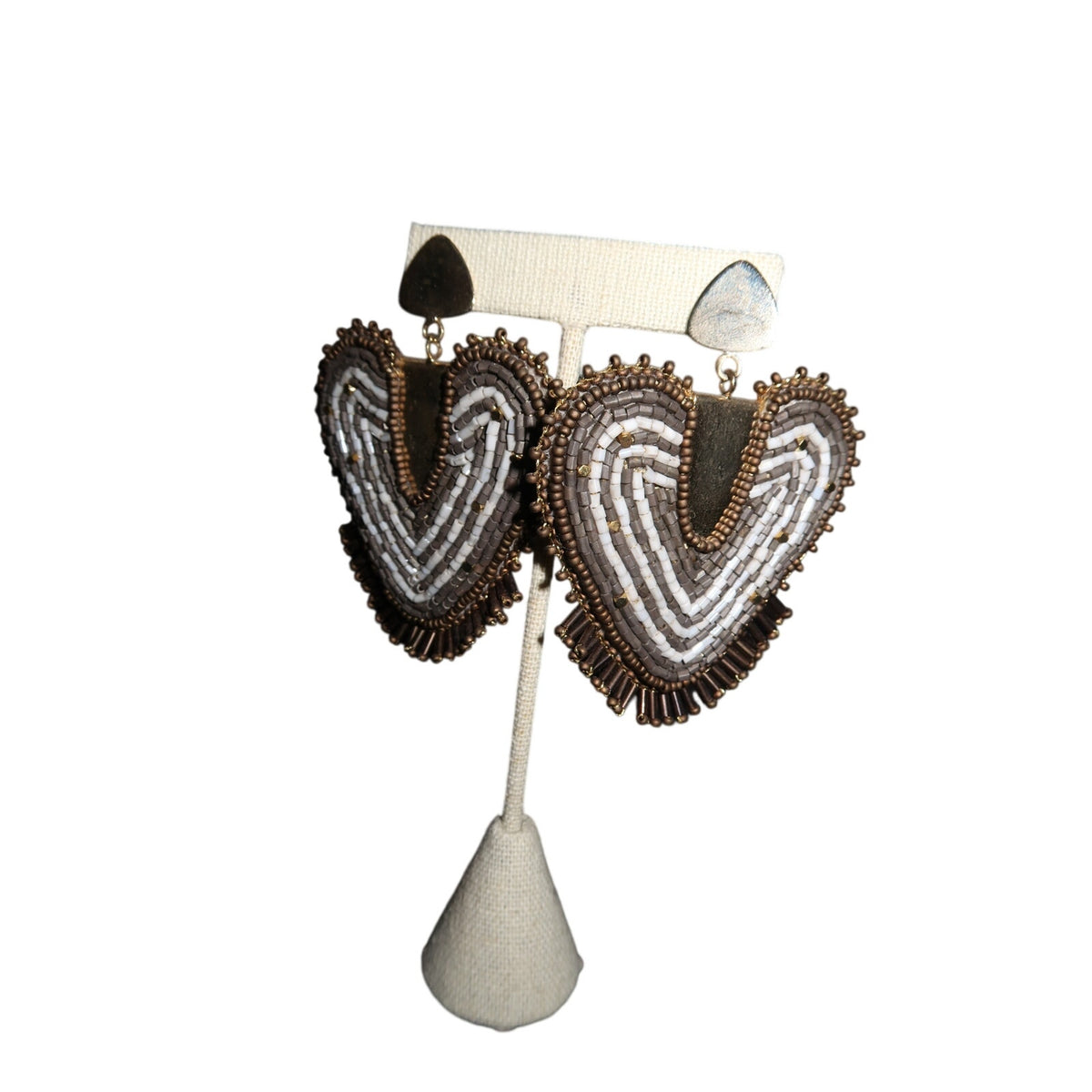 Sparkle Heart Beaded Earrings Large Brown Gold Drop Statement Women's OS