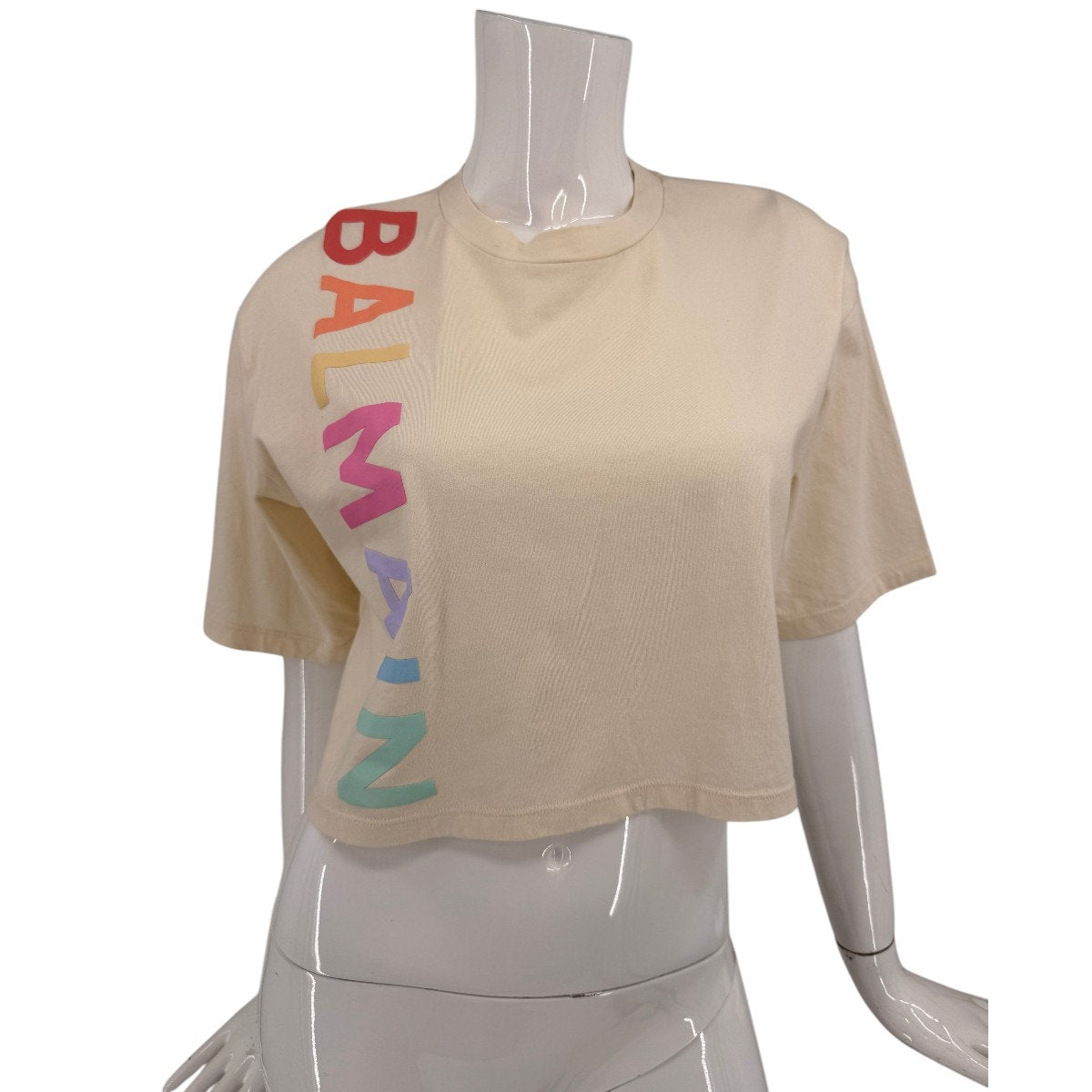 Balmain Cotton Cropped Crew Neck Logo Graphic T Shirt