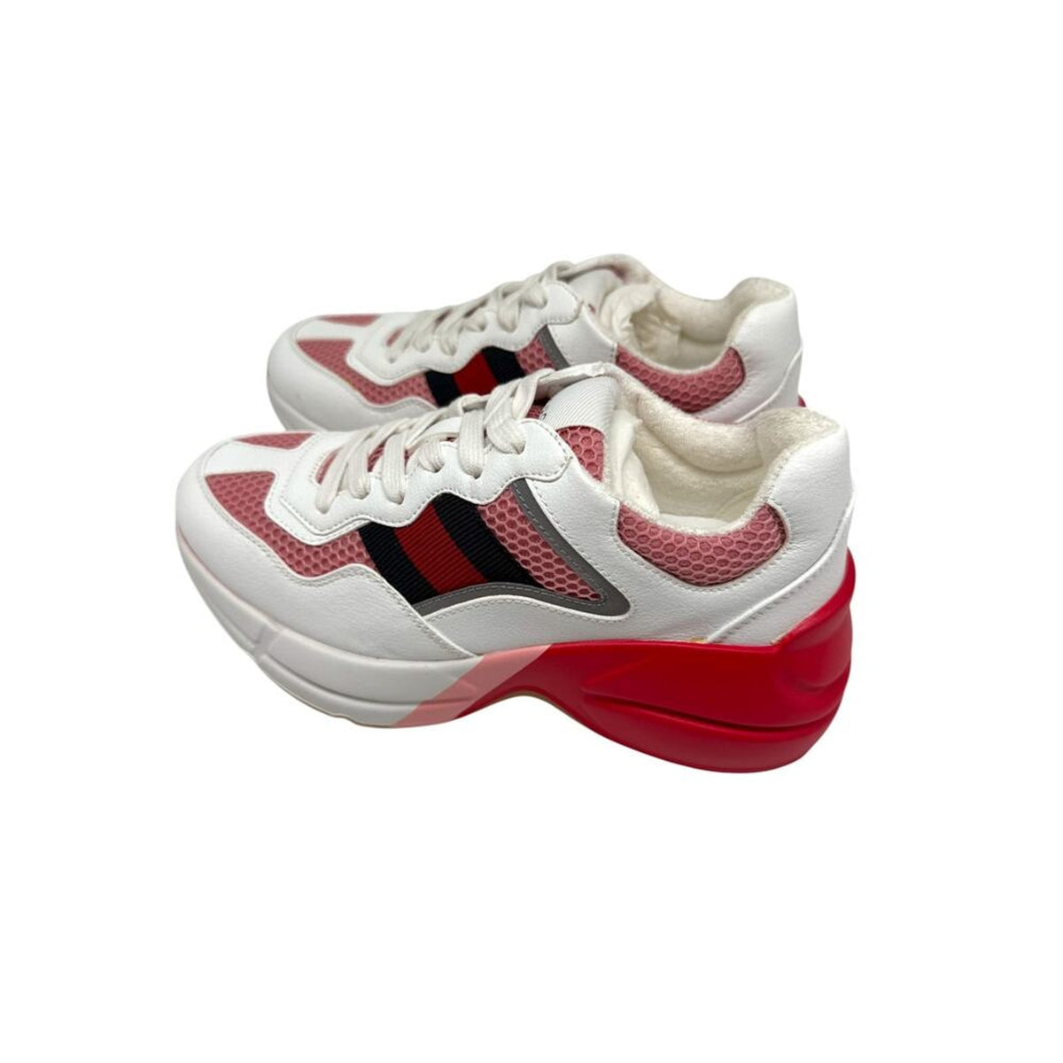 Gucci White Pink Reflective Leather Mesh Rhyton Trainer Sneakers
