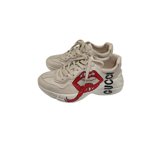 Gucci Rhyton Ivory Leather Mouth Print Lace-Up Low-Top Sneakers