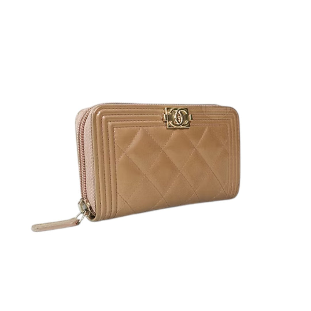 Chanel Calfskin Leather Quilted Interlocking CC Logo Boy Continental Wallet Nude