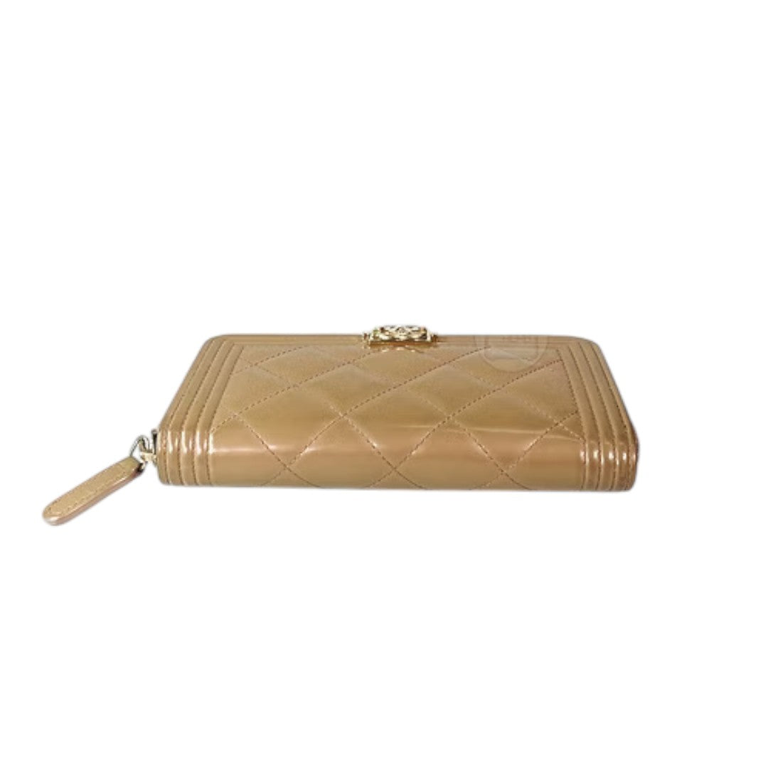 Chanel Calfskin Leather Quilted Interlocking CC Logo Boy Continental Wallet Nude
