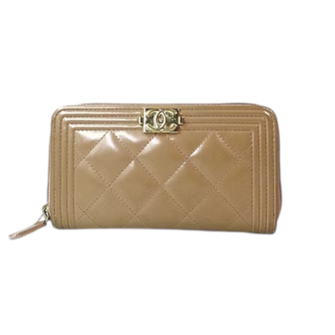 Chanel Calfskin Leather Quilted Interlocking CC Logo Boy Continental Wallet Nude
