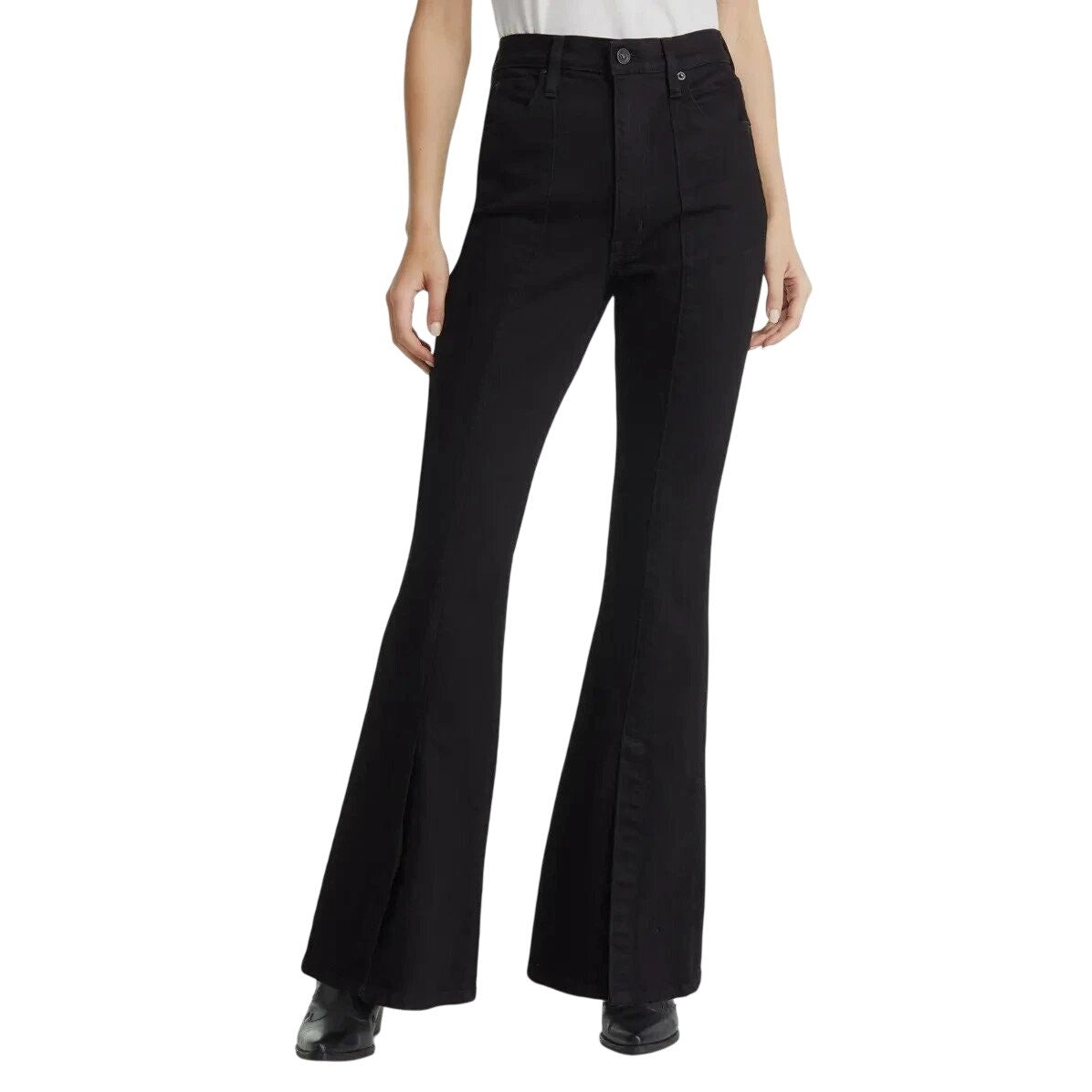 SLVRLAKE Black Cotton Denim Indiana High Rise Split Hem Flare Jeans Women's