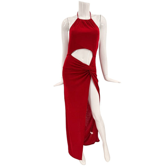 Fashion Nova Ruched Bodycon High Neck Cutout Slit Maxi Dress Red Size Medium
