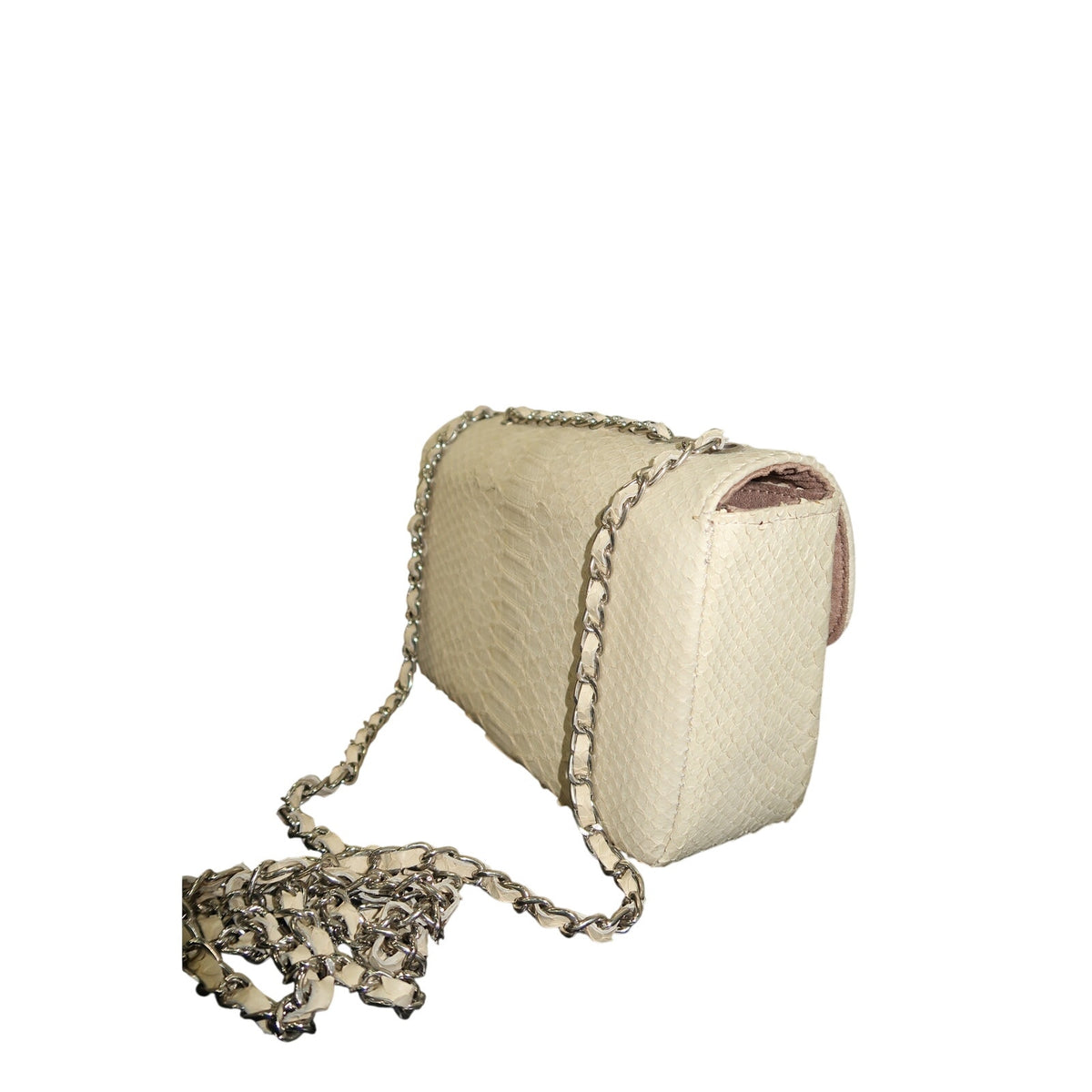Cream Python-Textured Crossbody Silver Hardware Chain Shoulder Bag Women's OS