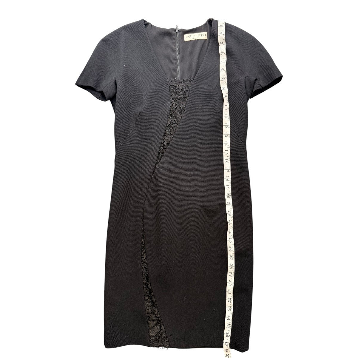 Emilio Pucci Black Lace Panel Sheath Dress Short Sleeve Knee Length Women's 12