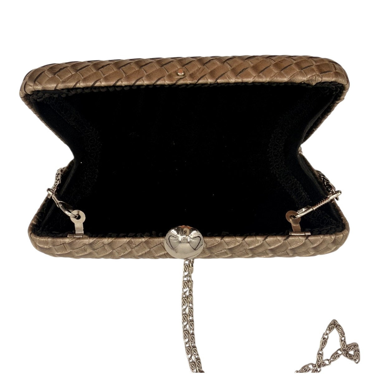 Woven Metallic Box Clutch Bag Taupe Bronze Push Clasp Silver Chain Evening Purse