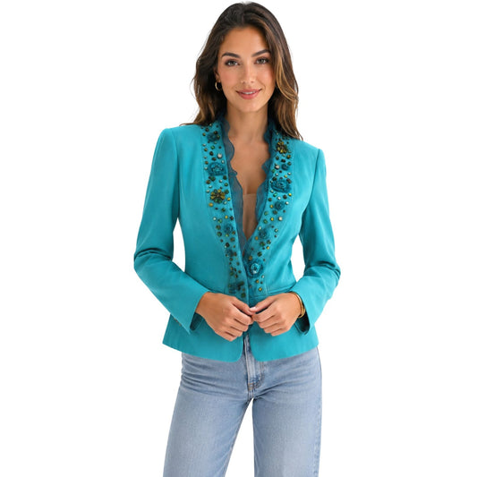 Valentino Silk Embellished Ruffle Open Front Blazer Jacket