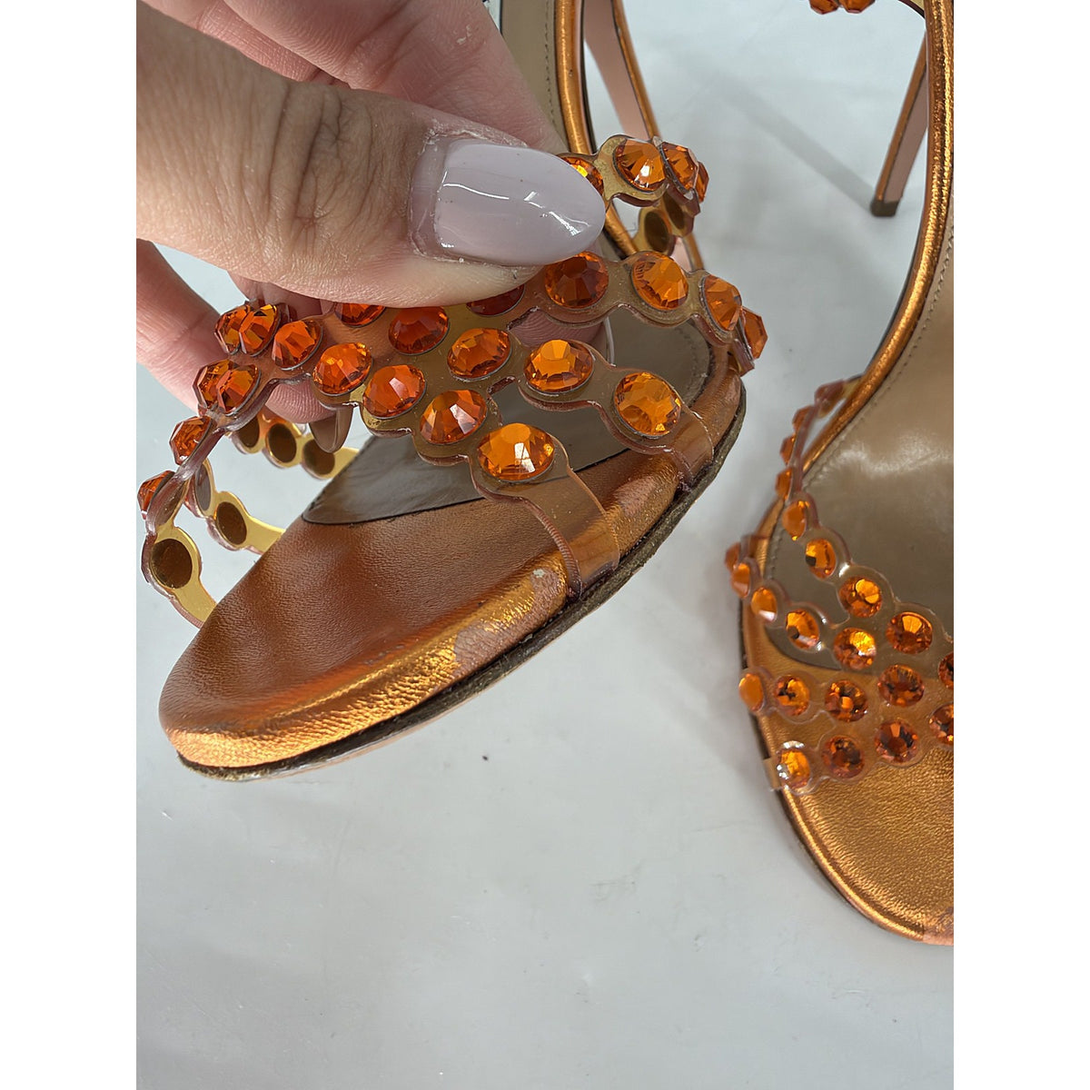 Aquazzura Tequila Plexi Crystal PVC Sandals Orange Copper Metallic Heels 37