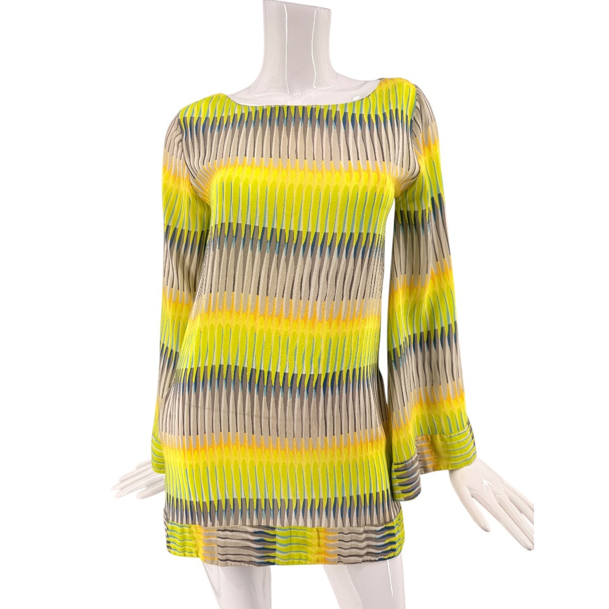 Alexis Silk Geometric Stripe Bell Sleeve Tunic Blouse Yellow Gray Women's Size S