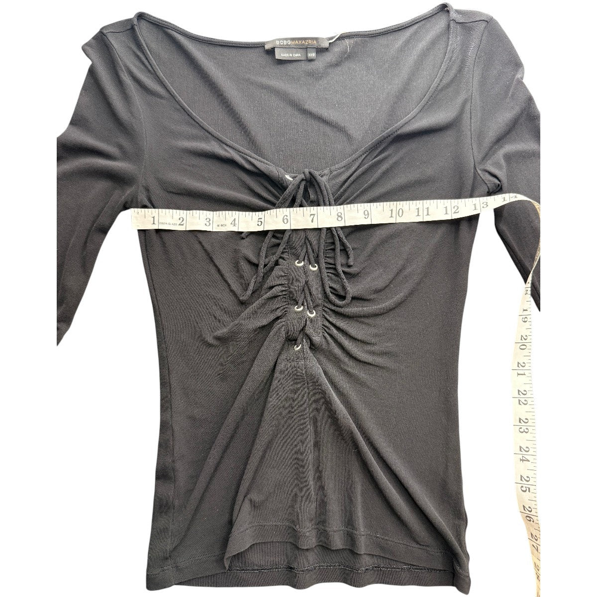 BCBGMAXAZRIA Lace-Up Ruched Mesh Long Sleeve Top Black Women's Size XXS