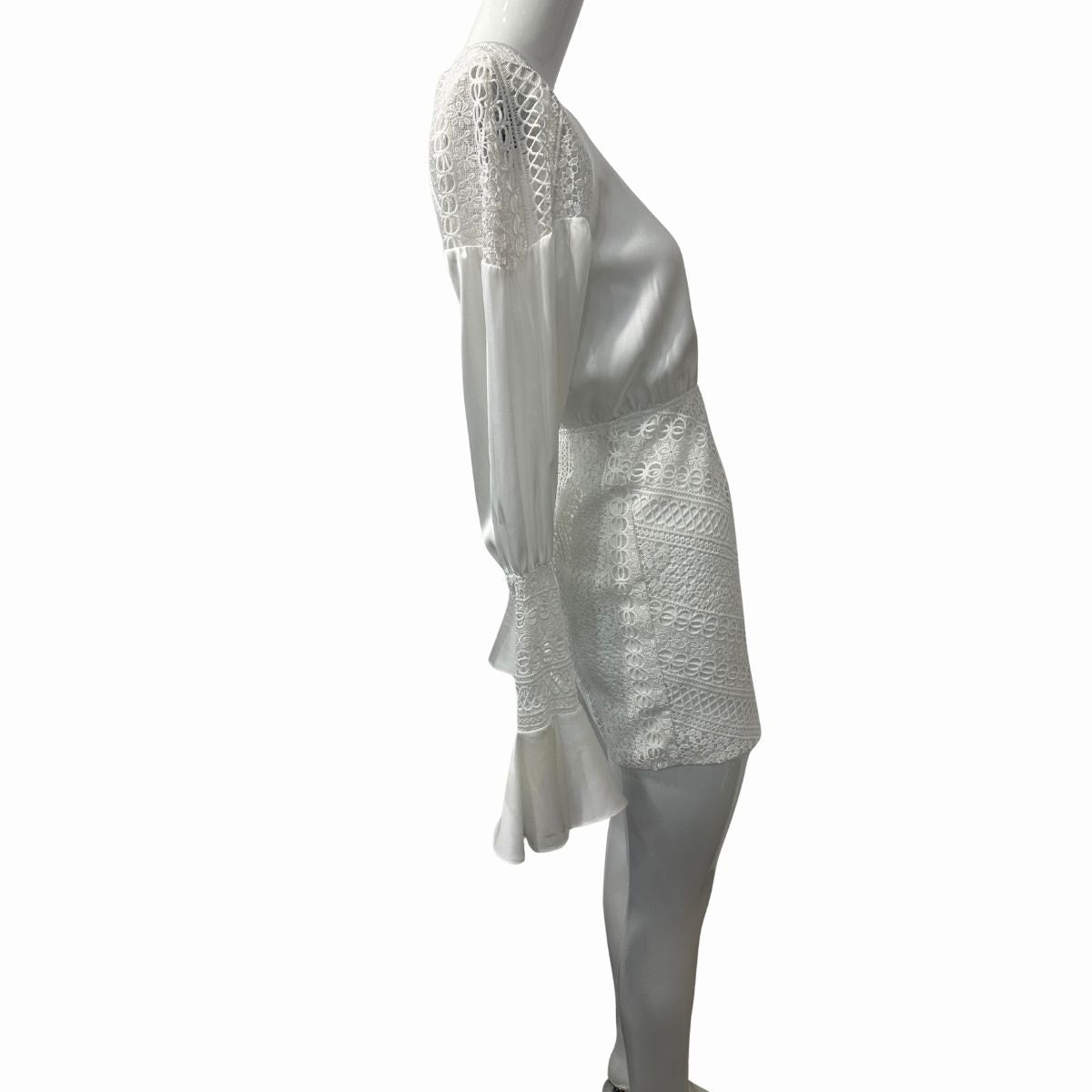 Michael Costello x Revolve Shandy Satin Mini Dress Lace Trim Long Sleeve