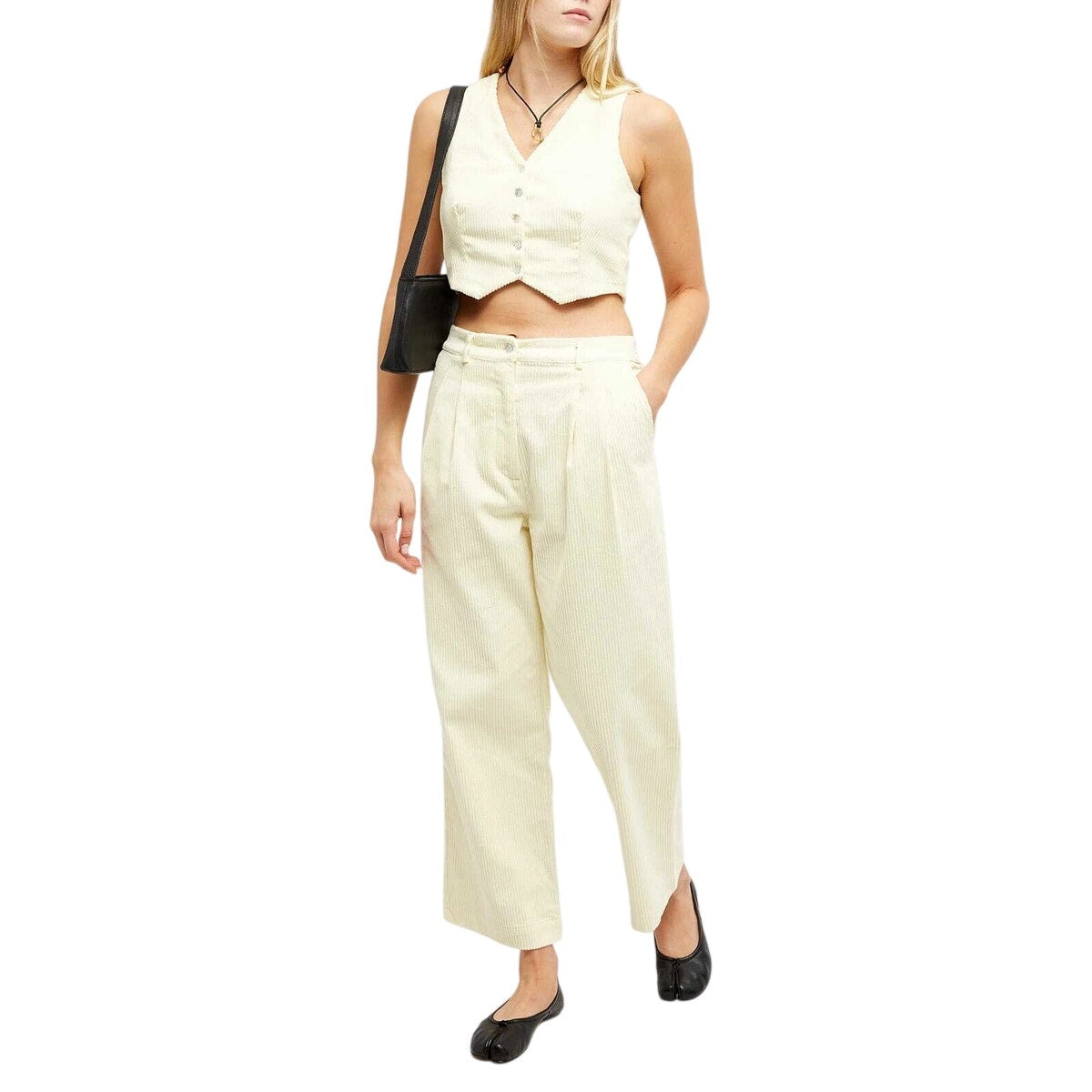 Donni Creme Pleated Button Front Cropped Vest Trouser Pants Women's