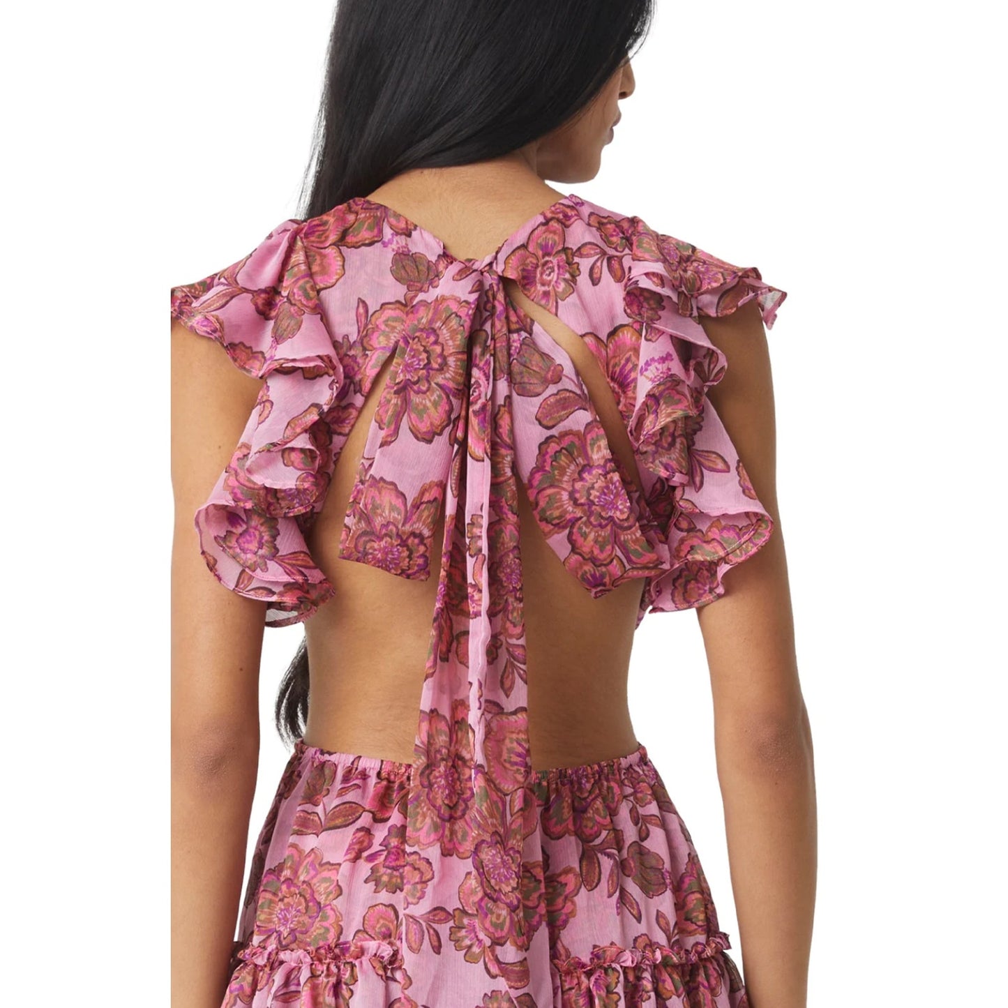 Misa Los Angeles Chiffon Floral Ruffle Pleated Shahdi Mini Dress Pink Size S