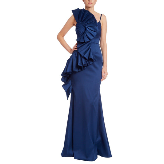 Badgley Mischka Blue Sculptural Swirl Maxi Evening Dress Ruffle Accent