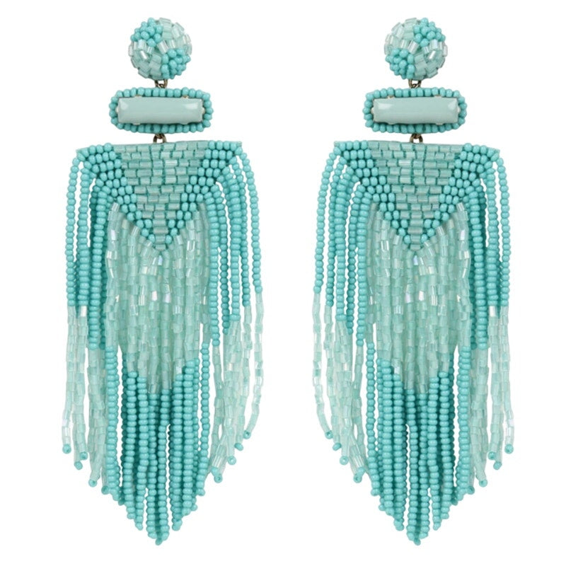 Deepa Gurnani Jody Earrings Turquoise Beaded Statement Fringe