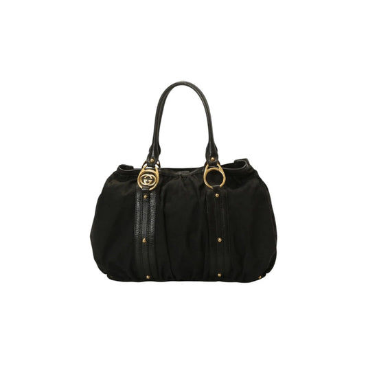 Gucci GG Canvas Boston Hobo Bag Interlocking Logo Leather Trim Black