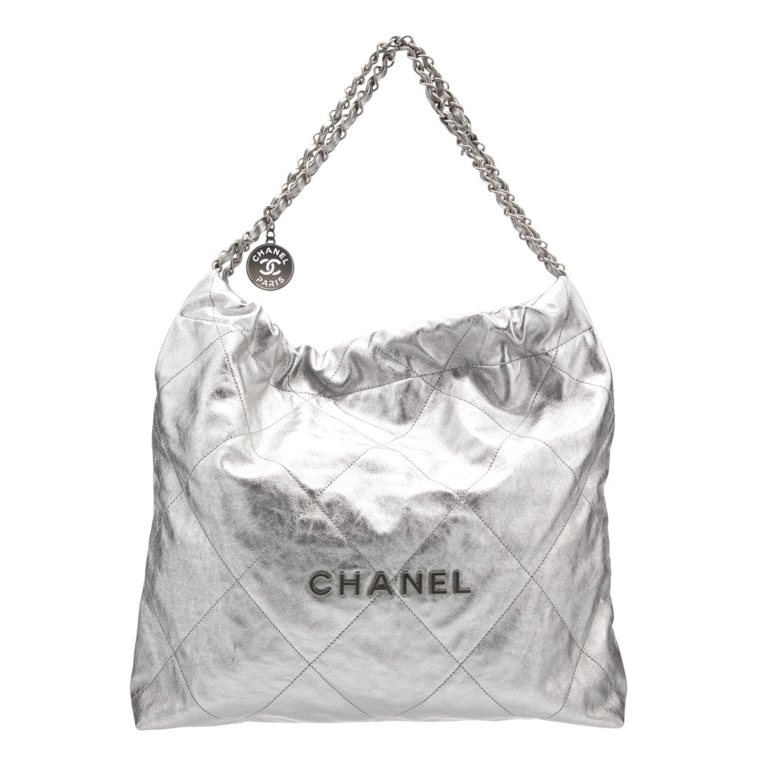 Chanel Metallic Calfskin Leather Quilted 22 Chain Hobo Tote Bag Silver