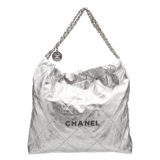 Chanel Metallic Calfskin Leather Quilted 22 Chain Hobo Tote Bag Silver