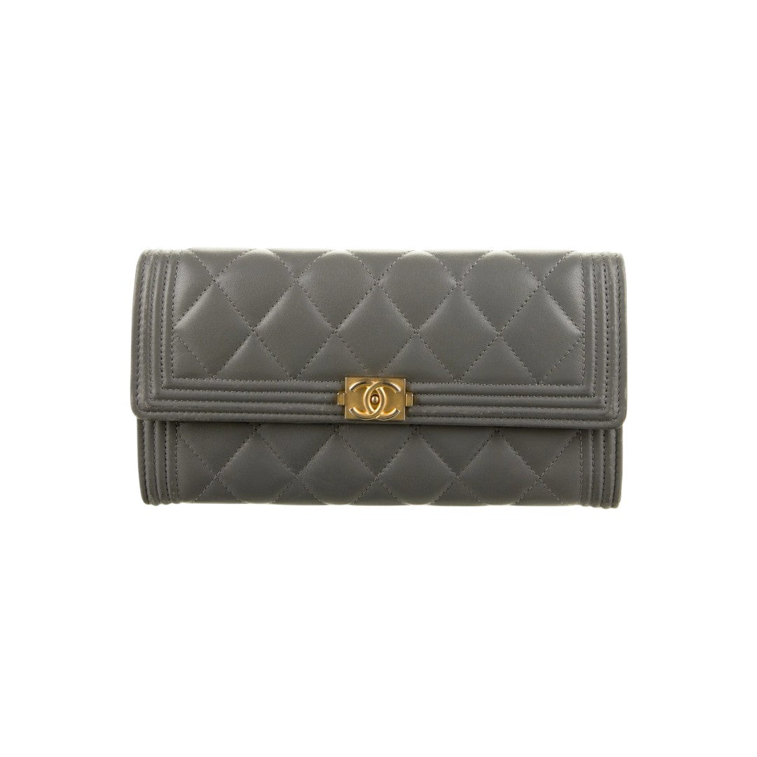 Chanel Caviar Leather Quilted Boy Continental Flap Wallet Grey