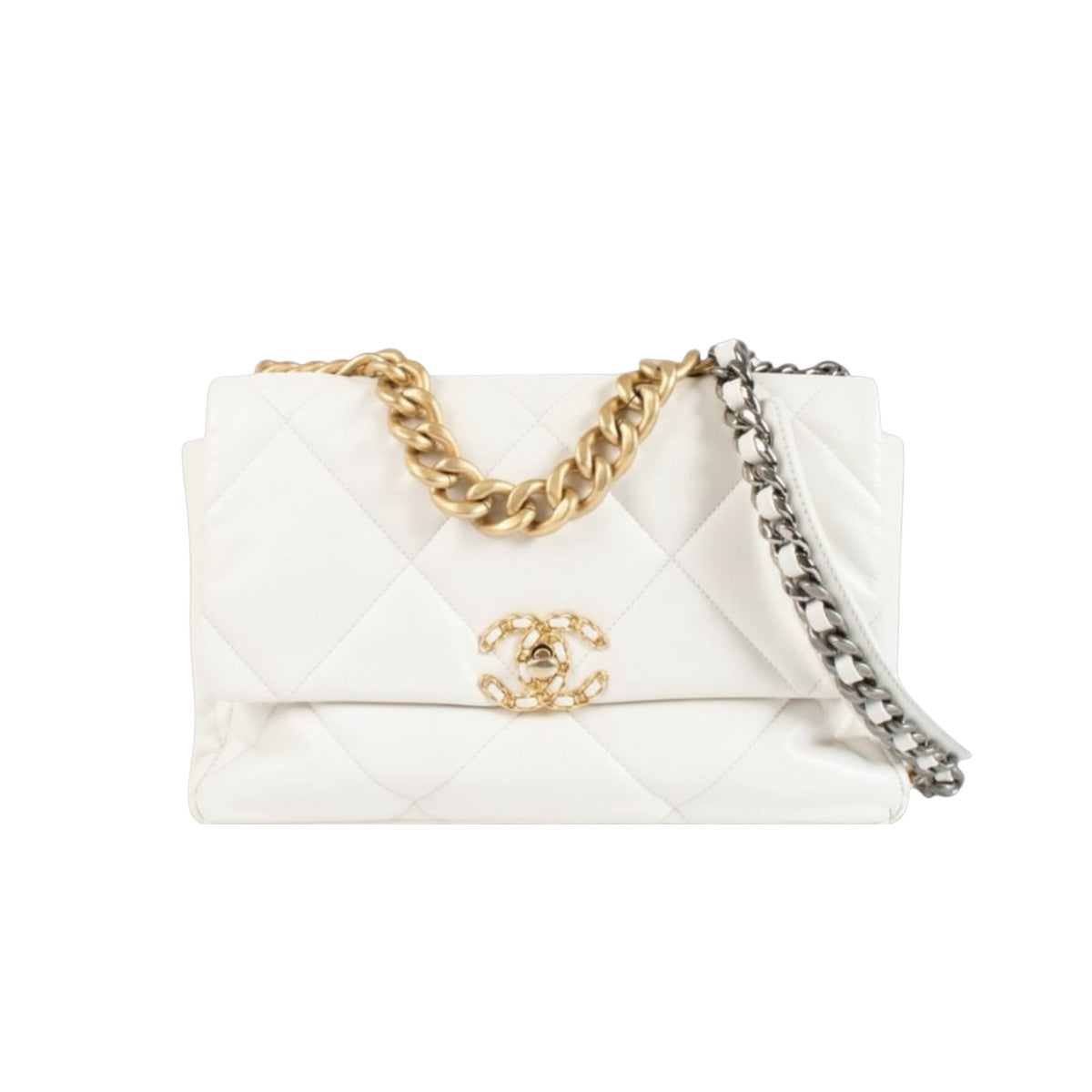 Chanel Leather Quilted CC Logo Chain Strap 19 Flap Crossbody Bag White