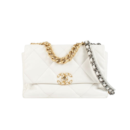 Chanel Leather Quilted CC Logo Chain Strap 19 Flap Crossbody Bag White