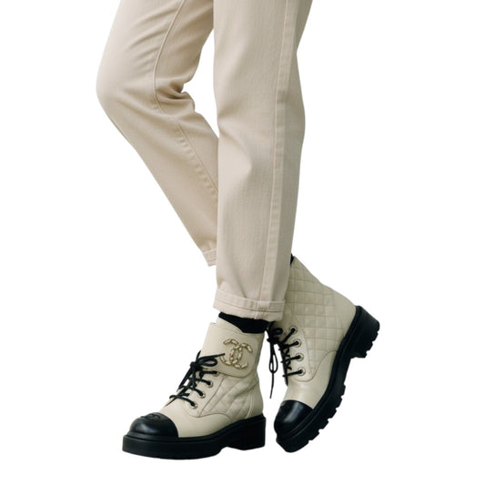 Chanel Leather Quilted CC Logo Lace Up Combat Boots