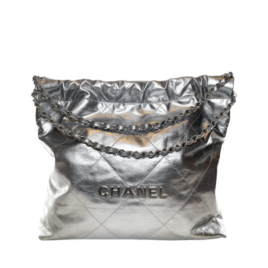 Chanel Metallic Calfskin Leather Quilted 22 Chain Hobo Tote Bag Silver