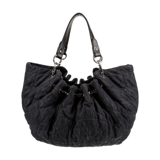 Chanel Quilted Denim Stretch Open Top Spirit Cabas Hobo Tote Bag Dark Grey
