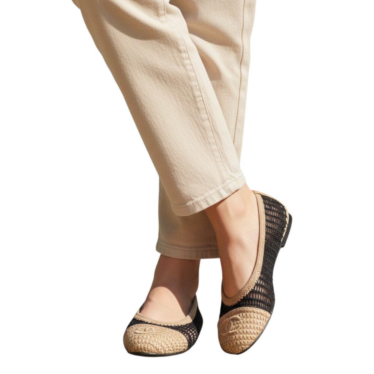 Chanel Raffia Crochet Woven CC Logo Cap Toe Ballet Flats