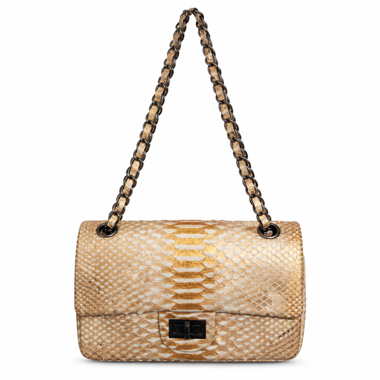 Beige and Gold Snakeskin-Embossed Chain Strap Shoulder Bag