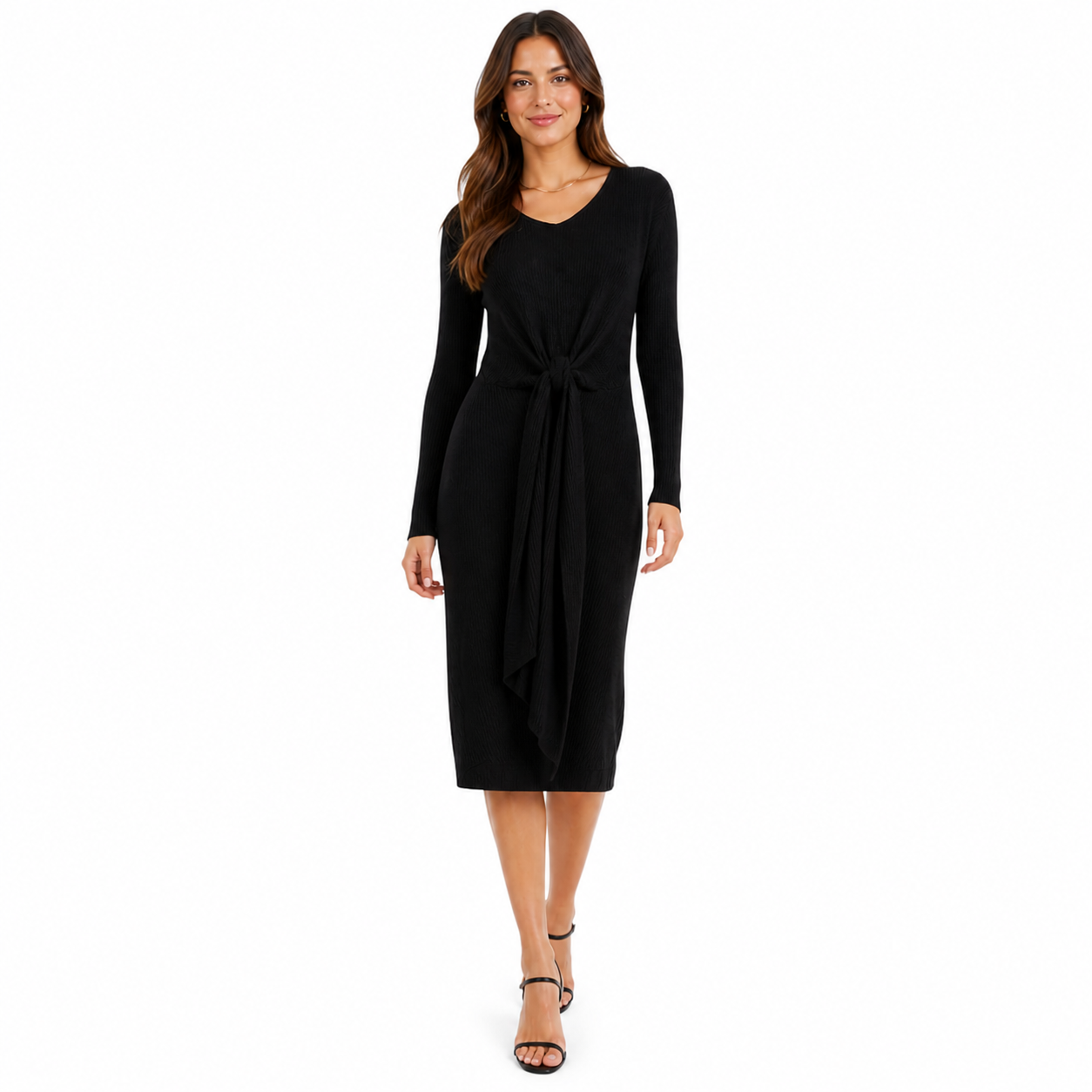 Nation Ltd. Black Ribbed Front Knot Accent Long Sleeve Midi Dress Women's